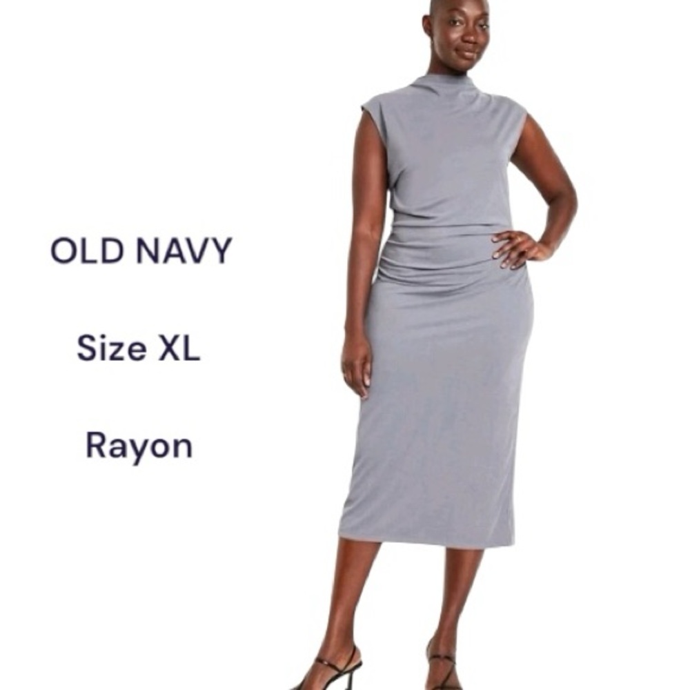 OLD NAVY Grey Ruched Midi Dress Mock Neck Rayon Size XL